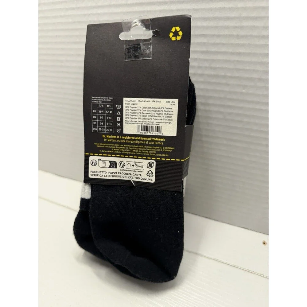 Dr. Martens 3 Pack Athletic Crew Socks Black White Logo S/M US 3-8 NWT